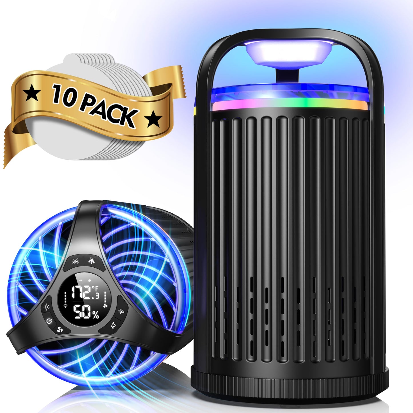 Fly Trap Indoor - Fruit Fly Traps for Indoors, Gnat Traps for House Indoor with 3-in-1 Multi-Insect Catching + UV&Blue Light + Fan Suction, Ideal for Garage/Kitchen/Patio/Plant Pots, 10 Refills, Black
