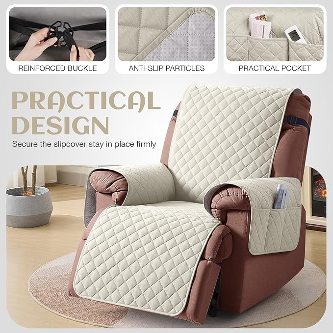 KinCam 100% Waterproof Recliner Chair Cover, Reclining Couch Covers for Pets, Dogs, Recliner Couch Slipcover Furniture Protector with Elastic Straps for Kids(23.6", Ivory)