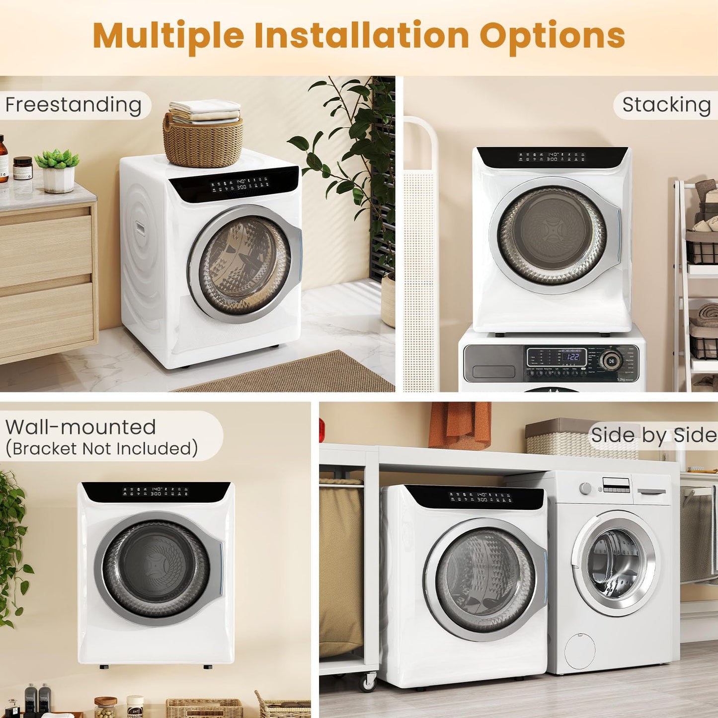 Auertech 2.8 CU. FT. Portable Dryers for Laundry, Compact Clothes Dryer with Stainless Steel Tub & Boot Dryer,1400W Dryer Machine, Electric Dryer with LED Control for Apartment, Dorm, RV, White