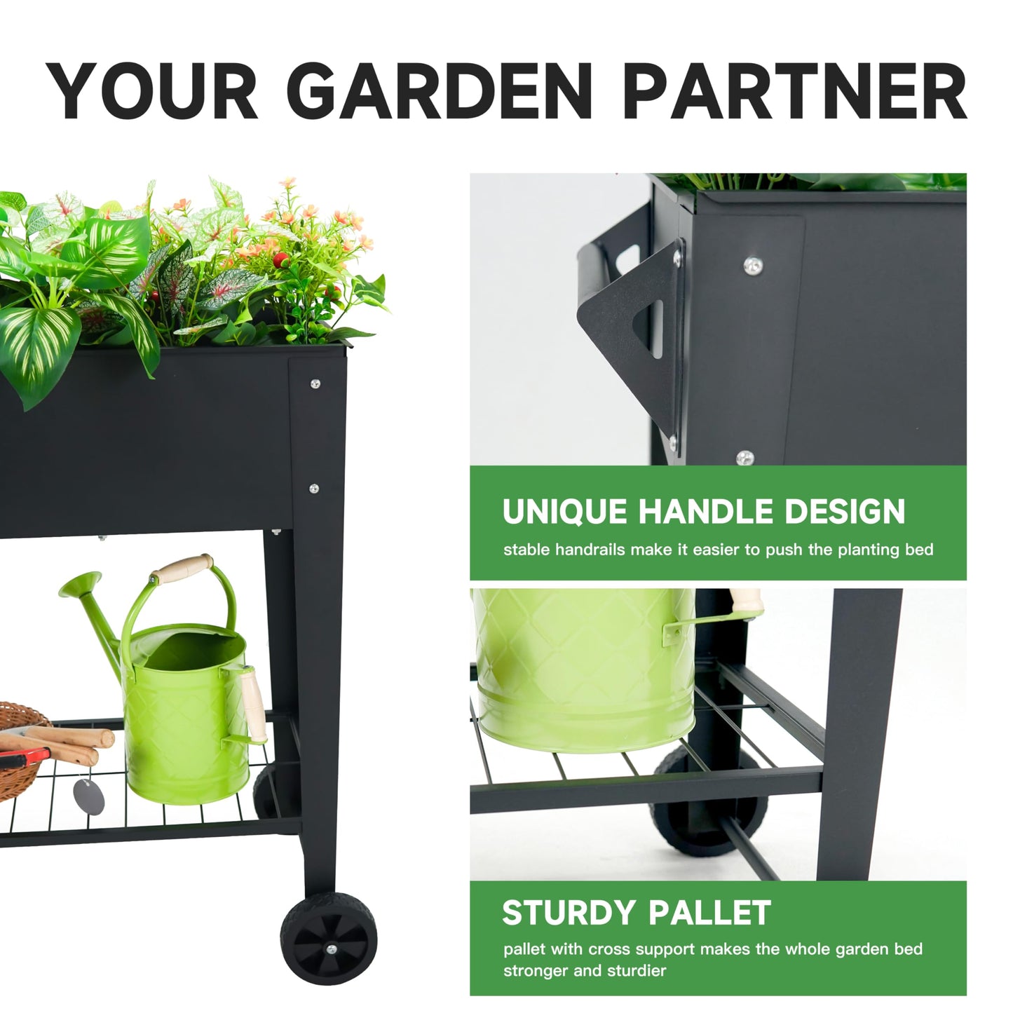 YKTEEDENS Raised Garden Bed with Legs and Wheels Removable for Outdoor, 31.6 * 14.6'' Metal Planter Raised Box for Growing Vegetables Herb Flower in Patio(Black)