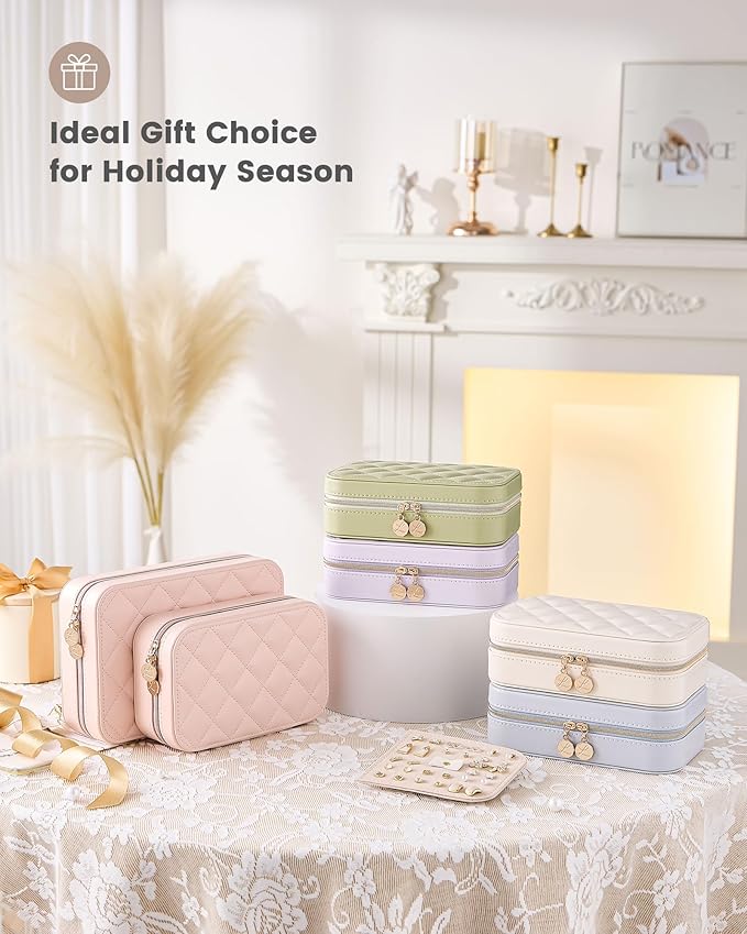 Lolalet Travel Jewelry Case for Women Girls, Travel Jewelry Organizer with Clear Storage Bag Small Portable Jewelry Box for Necklace Bracelet Earring Ring Birthday Bridesmaid Gifts -Medium/Beige