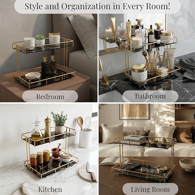 2-Tier Black Marble Bathroom Countertop Organizer Ã¢ÂÂ Glass Shelves & Gold Metal Frame, Stylish Vanity Storage Shelf for Perfume, Skincare, Makeup & Toiletries