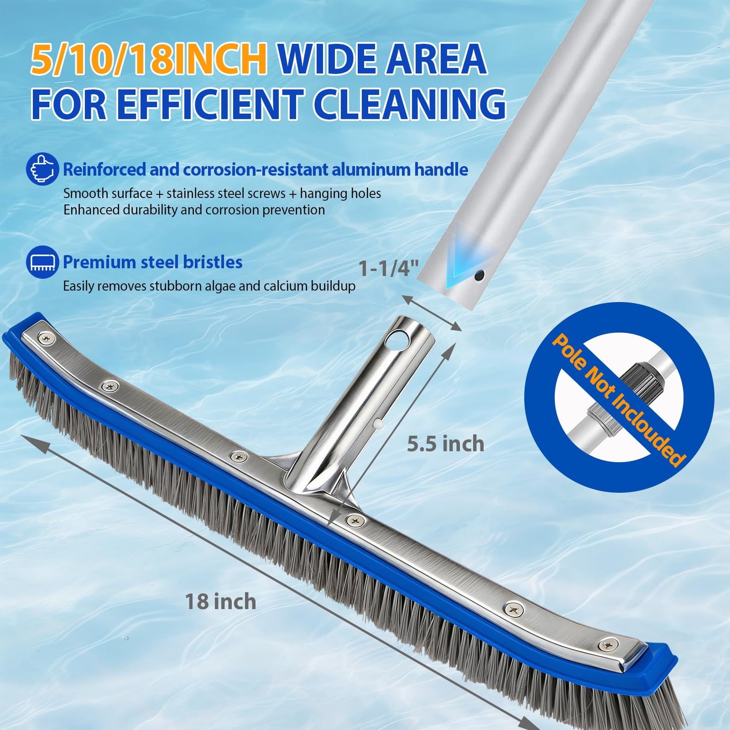 18" Wide Pool Brush Head - Combo Nylon & Stainless Steel Wire Bristles, Heavy Duty Metal Pool Brush for Extra Scrubbing Power, Curved Edge for Cleaning Inground Pool Tiles, Concrete, Walls, Corners