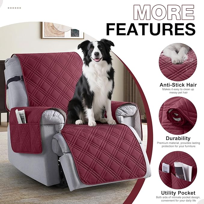 TAOCOCO Waterproof Recliner Chair Covers 30 Inch Wide, Oversized Recliner Covers for Recliner Chair with Pocket, Recliner Slipcovers with Straps Furniture Protector for Kids Pets (30'', Wine)