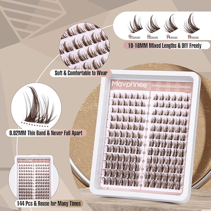 Brown Lash Clusters Natural Lash Individuals 144 Pcs Eyelash Extensions Wispy Lash Extensions D-Curly Dark Brown Eyelash Clusters 10-16MM DIY False Eyelashes at Home by Mavphnee