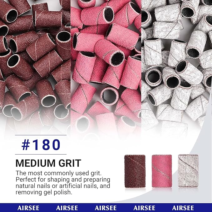 AIRSEE Sanding Bands for Electric Nail Drill 100 Piece Set 180 Grit Medium Acrylic File Attachments Professional 1 Sander Mandrel Bit Beauty Salon Accessories Manicure and Pedicure Finger Callus Zebra