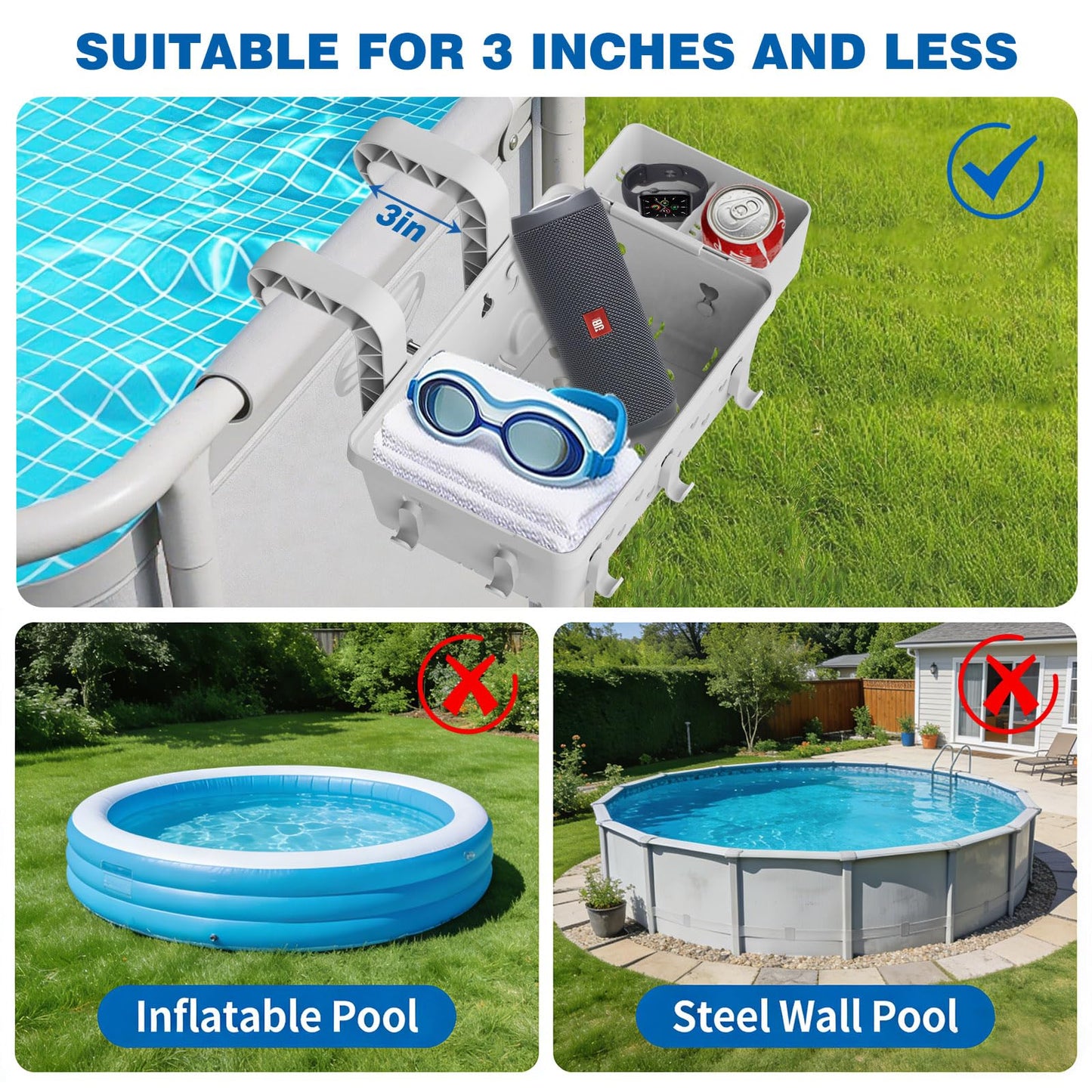 IZCUZK 2 Pack Poolside Storage Basket for Above Ground Pool, Hanging Pool Storage Organizer with Cup Holder & Hooks, Pool Accessories Organizer for Towels, Goggles, Toys (Grey)