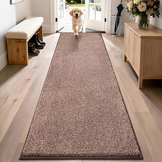 PURRUGS Dirt Trapping Door Mat 24" x 84", Non-Slip Machine Washable Entryway Rug, Dog Doormat, Indoor Front Door Mat, Super Absorbent Entry Rug for Muddy Shoes & Paws, Brown-Light Cream