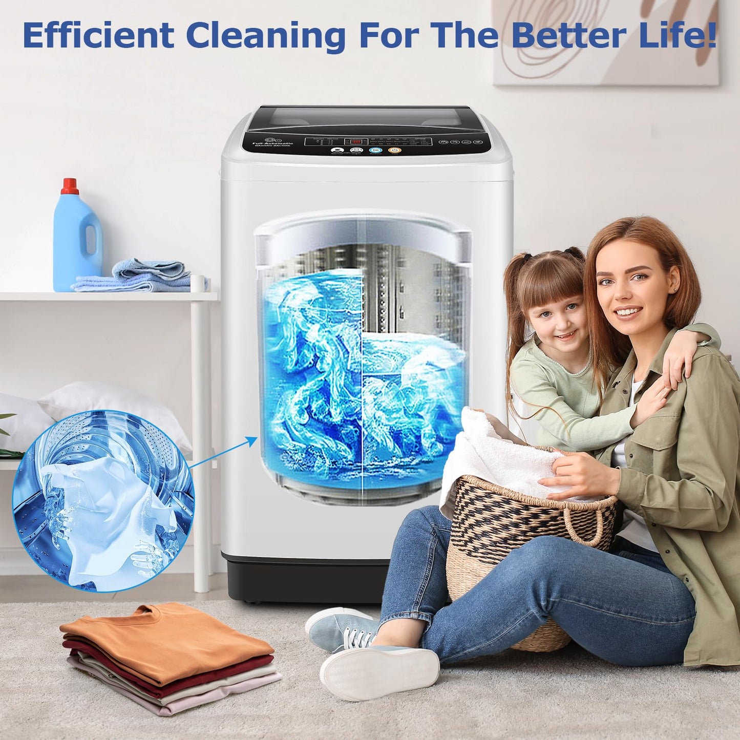 Nictemaw Portable Washing Machine, 20Lbs Capacity Full-Automatic Portable Washer, 2.8Cu.ft Washer and Dryer Combo with Drain Pump, LED Display, 10 Programs & 8 Water Levels, Slow-Close Glass Lid