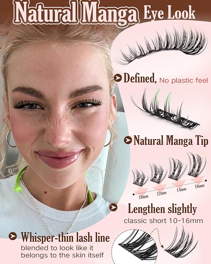 Manga Lash Clusters Kit Natural Wispy Cluster Eyelash Extensions Kit 180 Pcs Fairy C Curl Cluster Lashes 10-16mm Fluffy Lash Extensions Kit Anime Cosplay No Plastic Feel Individual Lash