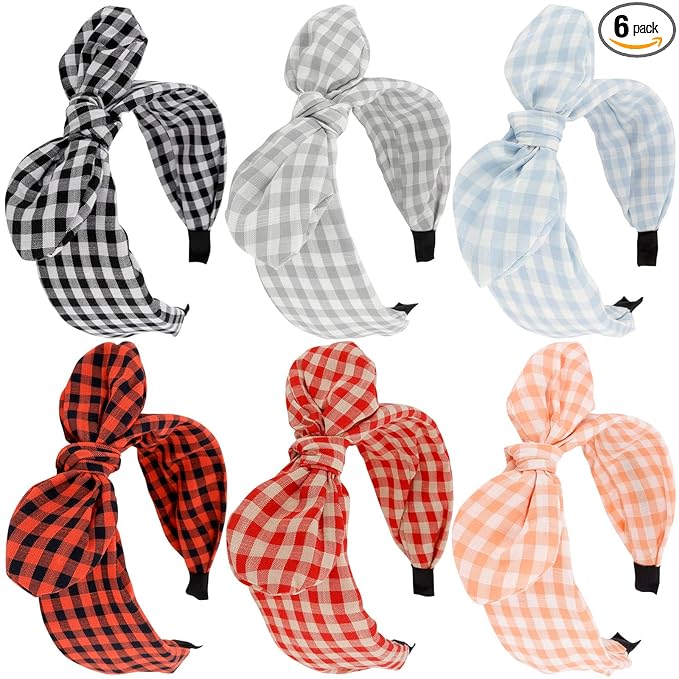 TOBATOBA 6Pcs Plaid Headbands With Bow, Cute Knotted Wide Headband, Christmas Hair Accessories for Women Girls, Bunny Ears Red Headwraps