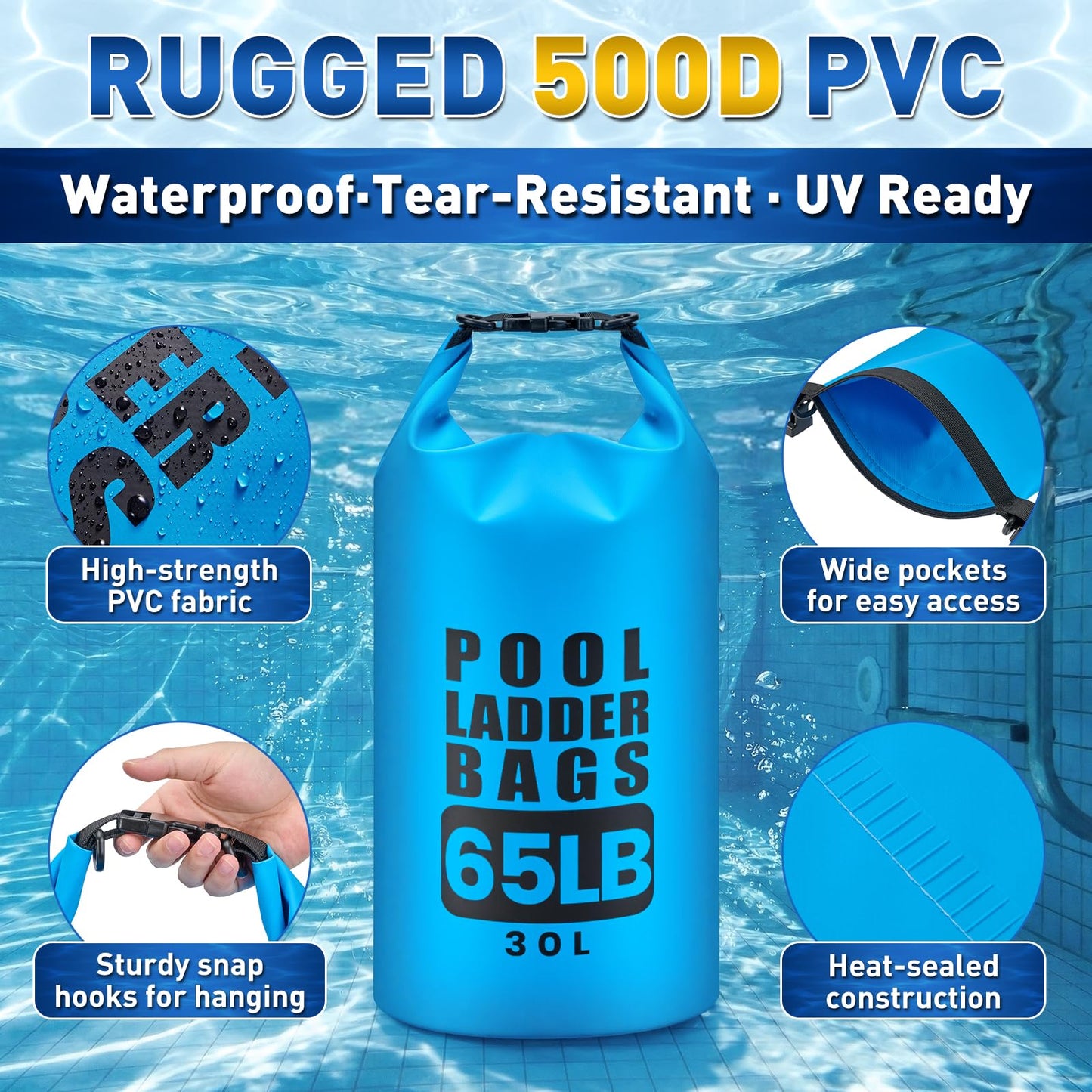 2 Pack 30L/65LB Pool Step Weights Sand Bags – Waterproof 500D PVC Ladder Weights, Pool Sand Stair Weights for Above Ground and in-Ground Pool Steps