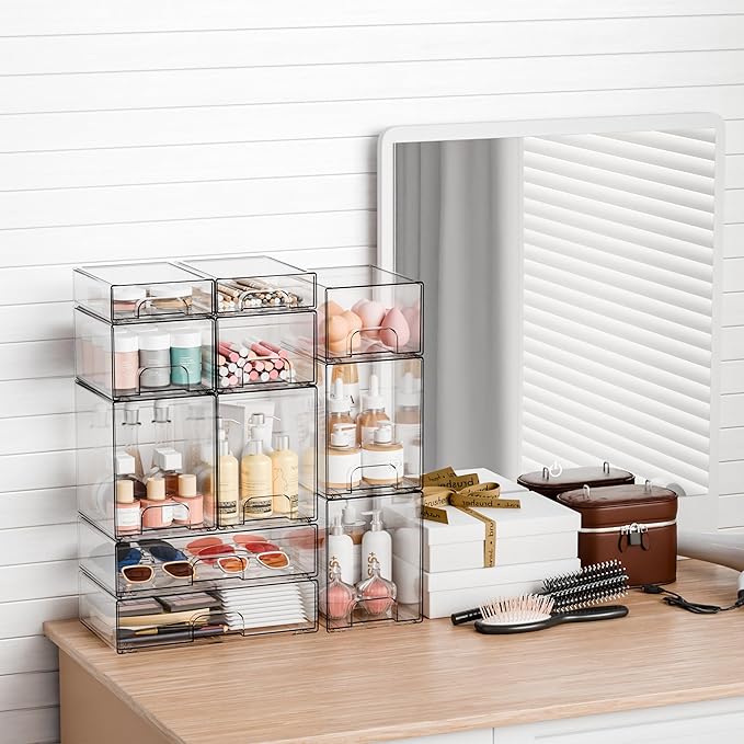 Yieach 7.6" H Baby Bottle Organizer for Cabinet,4 Pack BPA FREE Bottle Storage Organizer Baby,Clear Stackable Storage Drawers for Makeup,Skincare,Beauty Products Bathroom Closet Organizers and Storage