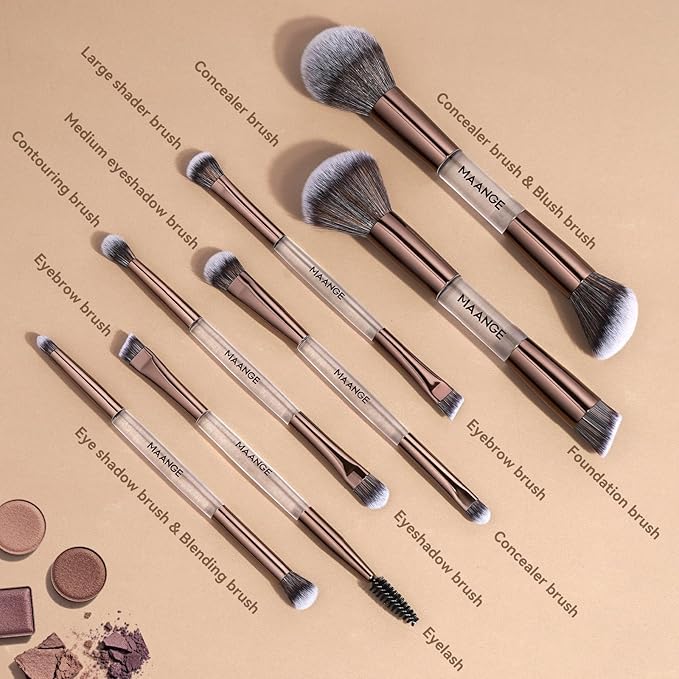 MAANGE 7 PCS Foundation Makeup Brush Set With Bag, Make up Brushes, Eyeshadow Concealer Brush, Double-ended Foundation Contour Powder Blush, Professional Face brush Set Tools For Liquid,Cream (Gray)