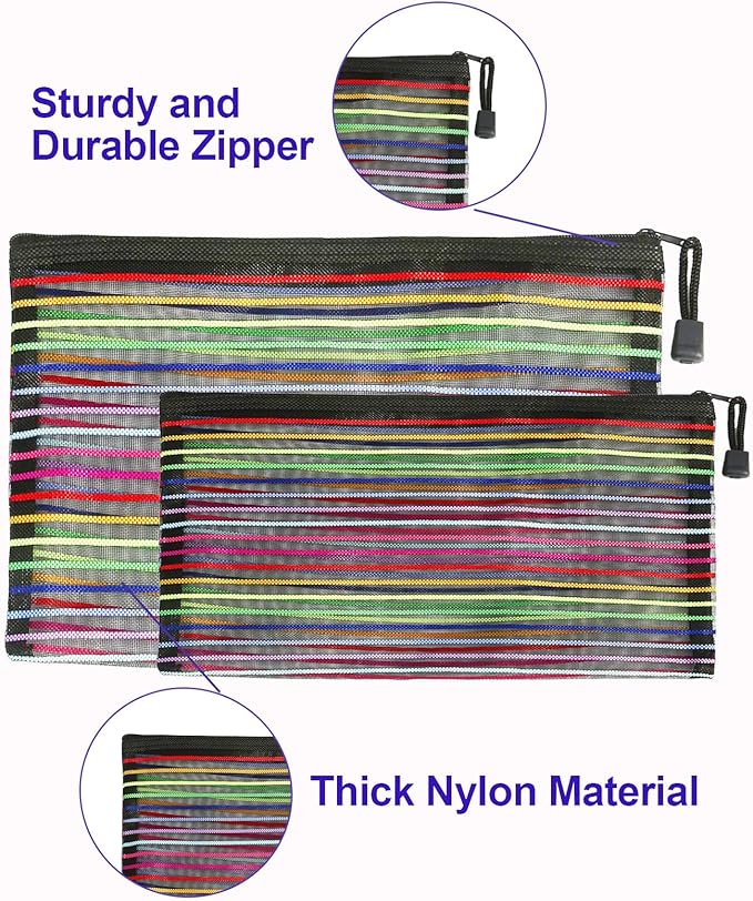 Mesh Bags with Zipper (6 Pack), Nylon Makeup Bag Cosmetic Pouches Travel Organizer Case for Purse Diaper Bag Home Organizing Striped Multi Size Black