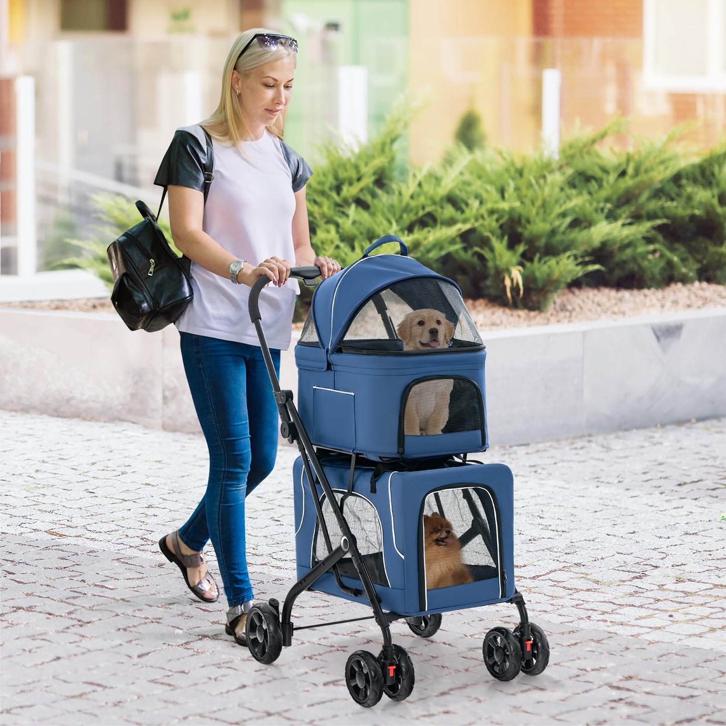 HAPPAWS Pet Stroller with Detachable Carriers, Adjustable Cat Stroller for Small & Medium Pets, 4-in-1 Cat Carriers with Safety Belt and Lockable Wheels, Navy Blue