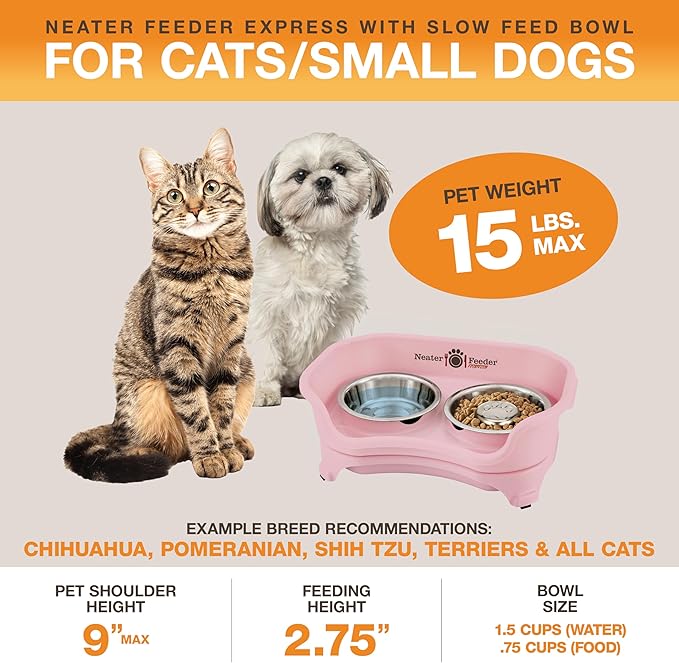 Neater Feeder Express Mess Proof Dog Bowls Elevated for Small Breed – Made in USA – No Spill Raised Slow Feeder Elevated Dog Bowl Stand, Stainless Steel Food and Water Bowl Set, Pink
