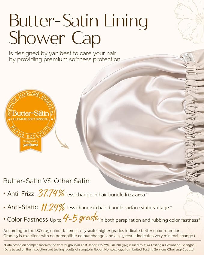 Yanibest Satin Lined Shower Cap for Women Reusable Waterproof, Frizz Free & Large Bath Cap with Soft Elastic Band, Luxury Hair Protection Caps (Beige)
