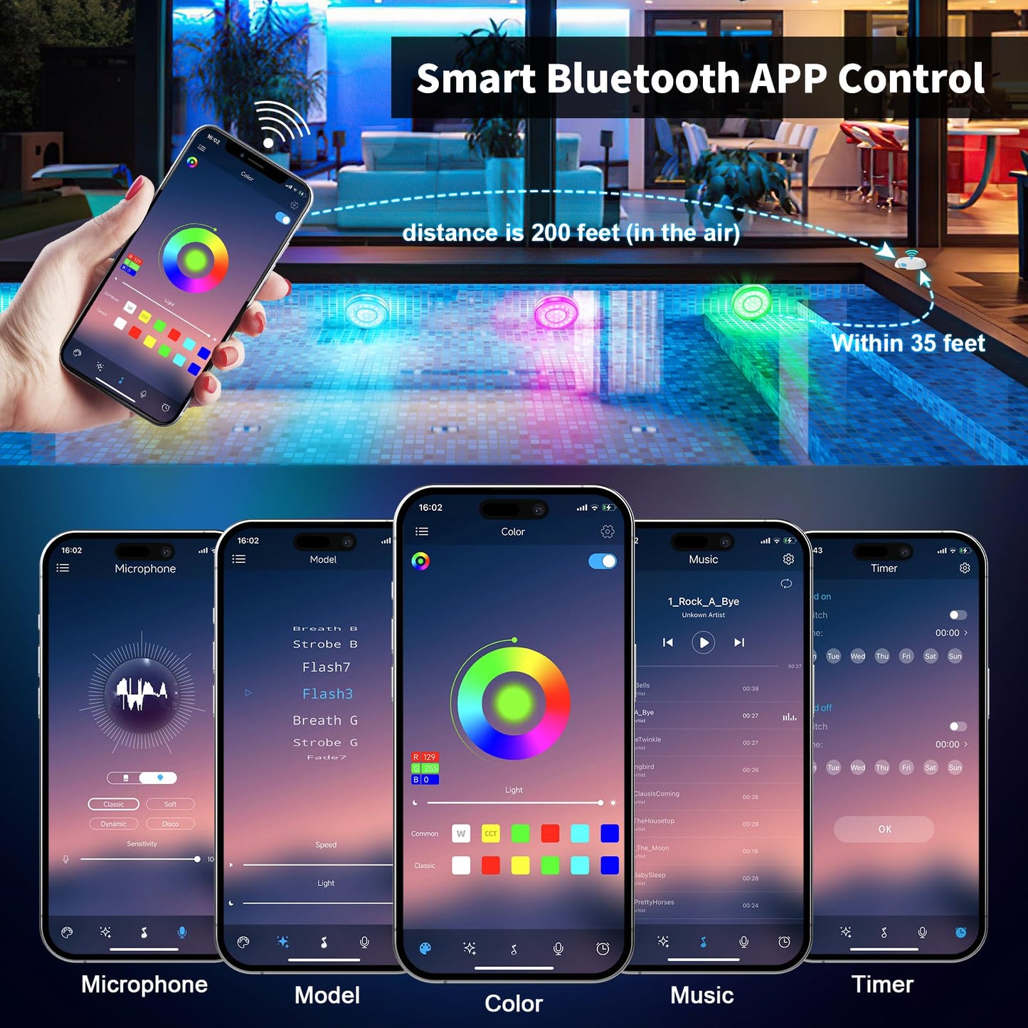 Homly Rechargeable Submersible Pool Lights with Wireless APP Control, Waterproof Underwater Smart LED Lights Controlled Multiple Lighting Modes, 4000mAh Magnets Lights for Multi Scene Pool Decoration