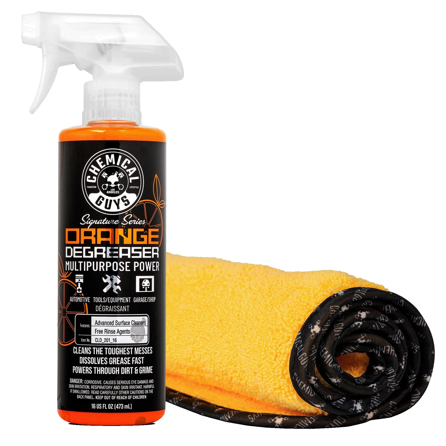 Chemical Guys Orange Degreaser 16 oz - with Professional Grade Microfiber Towel - Heavy Duty Cleaning Kit for Engines, Wheels, Tires, & More - Powerful Citrus Formula Removes Grease & Grime