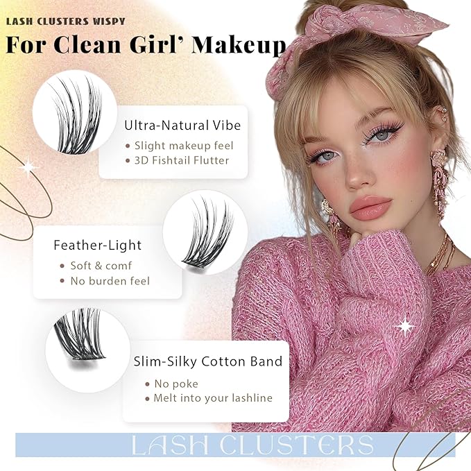 Wispy Lash Clusters, Natural Lash Cluster Eyelash Extensions 320 Pcs C Curl 10-16mm Individual Fluffy False Eyelashes Thin Band DIY for Beginners at Home