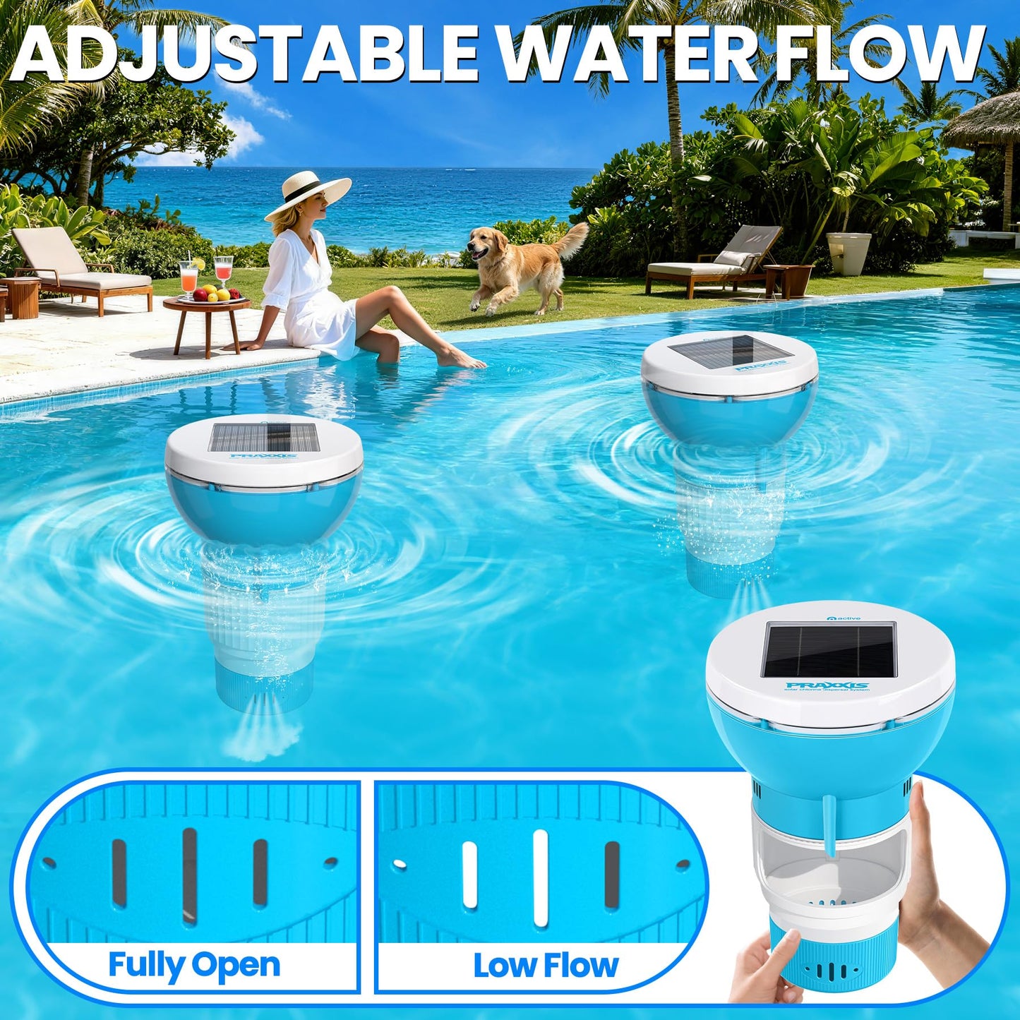 PRAXXIS Chlorine Floater with Solar-Powered Pump, Solar Chlorine Floater with Uniform Distribution, Rotating & Moving Floating Chlorine Dispenser for Pool, Adjustable Flow Pool Chlorine Floater(Blue)