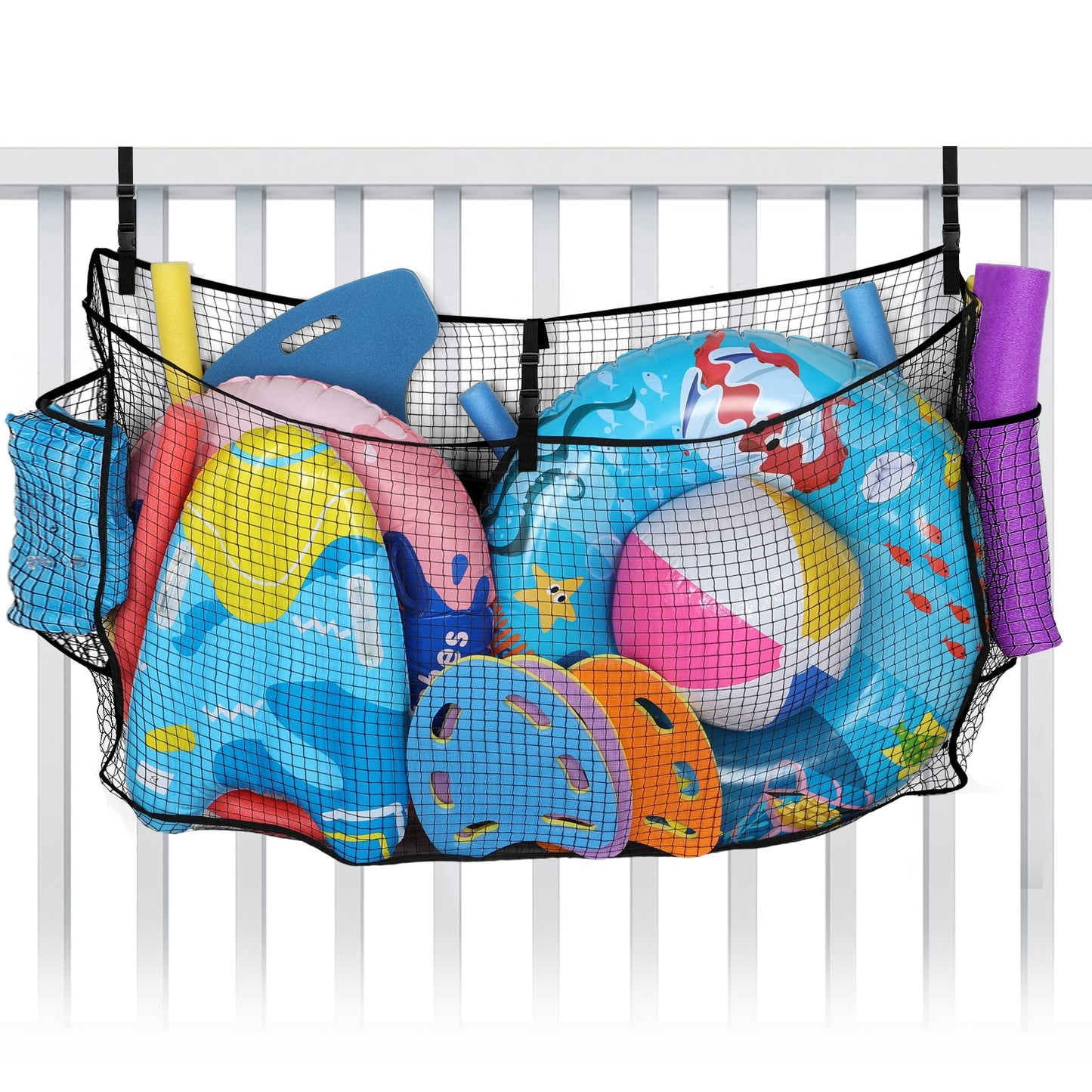 Large Pool Float Toy Storage Net - 59 x11.8x33.5in Durable Mesh Net Organizer for Fence with Straps, Poolside Fence Toys Holder for Inflatable Rafts Pool Noodles Balls Swimming Ring