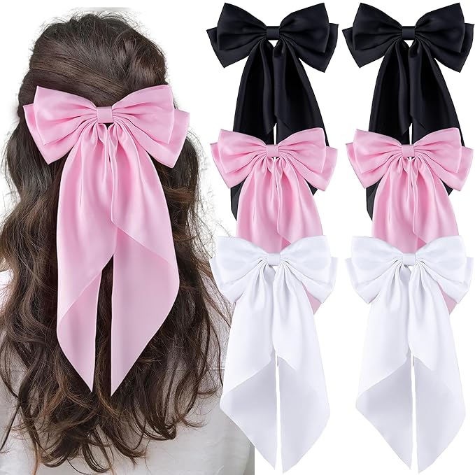 6Pcs Large Bows Hair Clips for Women Girls Long Tail Hair Ribbon Silky Satin Barrettes Coquette Bows Accessories (Black/Pink/White)