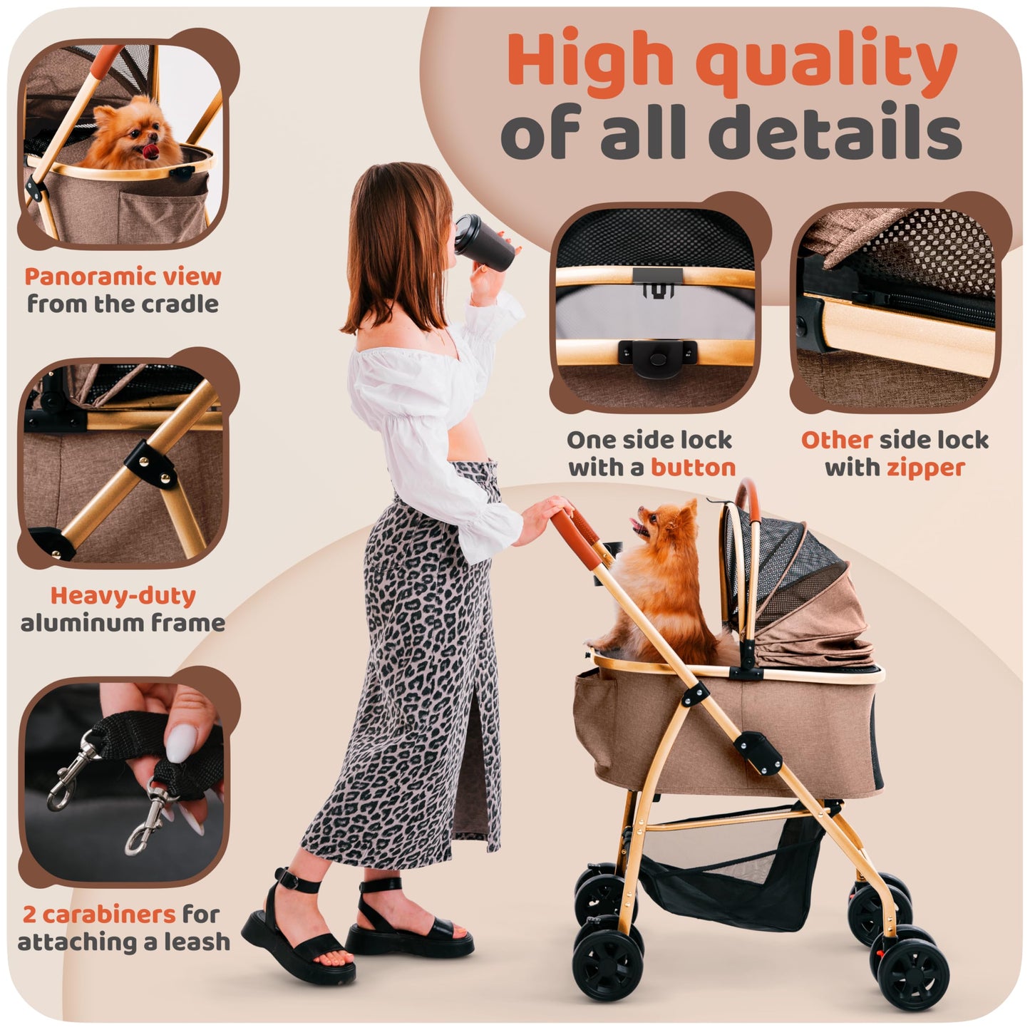 Pet Stroller for Small Medium Dogs & Cats – 2-in-1 Detachable Carrier, Zipperless Entry, Lightweight Folding Travel Stroller with Storage Basket, Cup Holder, Brown