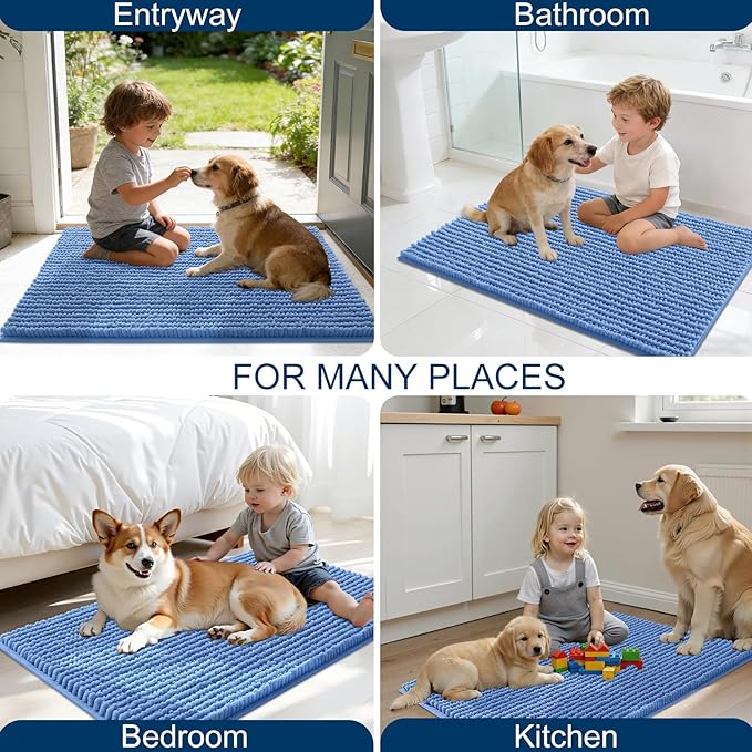 OLANLY Dog Door Mat for Muddy Paws 59x20, Ultra Absorbent Chenille Mud Doormat, Non-Slip Washable and Dirt Trapping Doormat for Indoor Entryway, Quick-Dry Indoor Pet Bed Mats for Dogs, Cornflower Blue