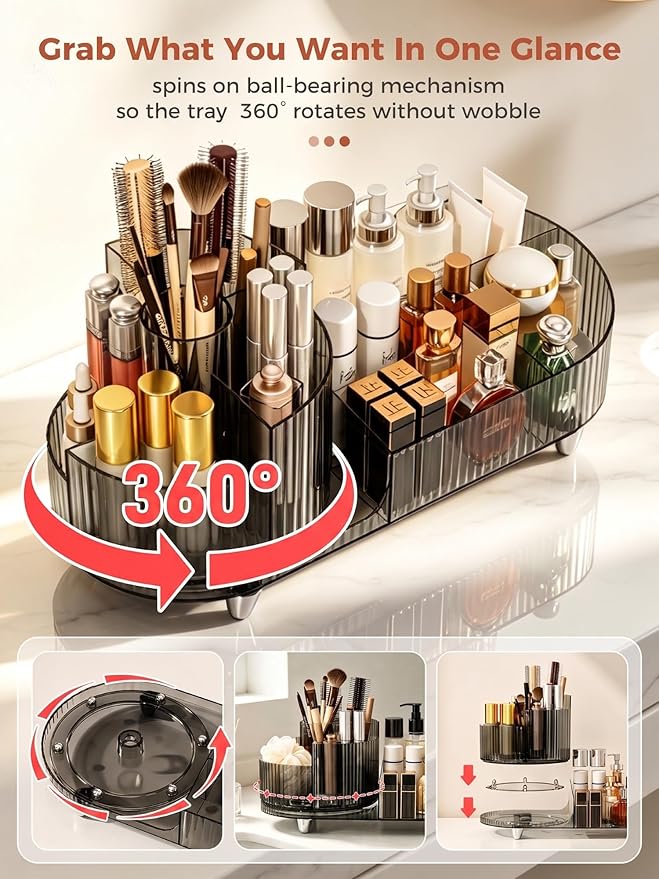 Booklov Rotating Makeup Organizer for Vanity, Large Capacity Cosmetic Display Case, Clear Acrylic Countertop Beauty Storage Holder for Skincare, Brush Eyeshadow Lipstick, Counter Desk, Crystal Black