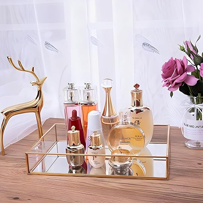 Sooyee Gold Square Mirror Tray, 8"x8" Metal and Glass Decorative Tray for Jewelry, Perfume, Makeup, Vanity, Dresser, Bathroom, Bedroom, Office, Coffee Table