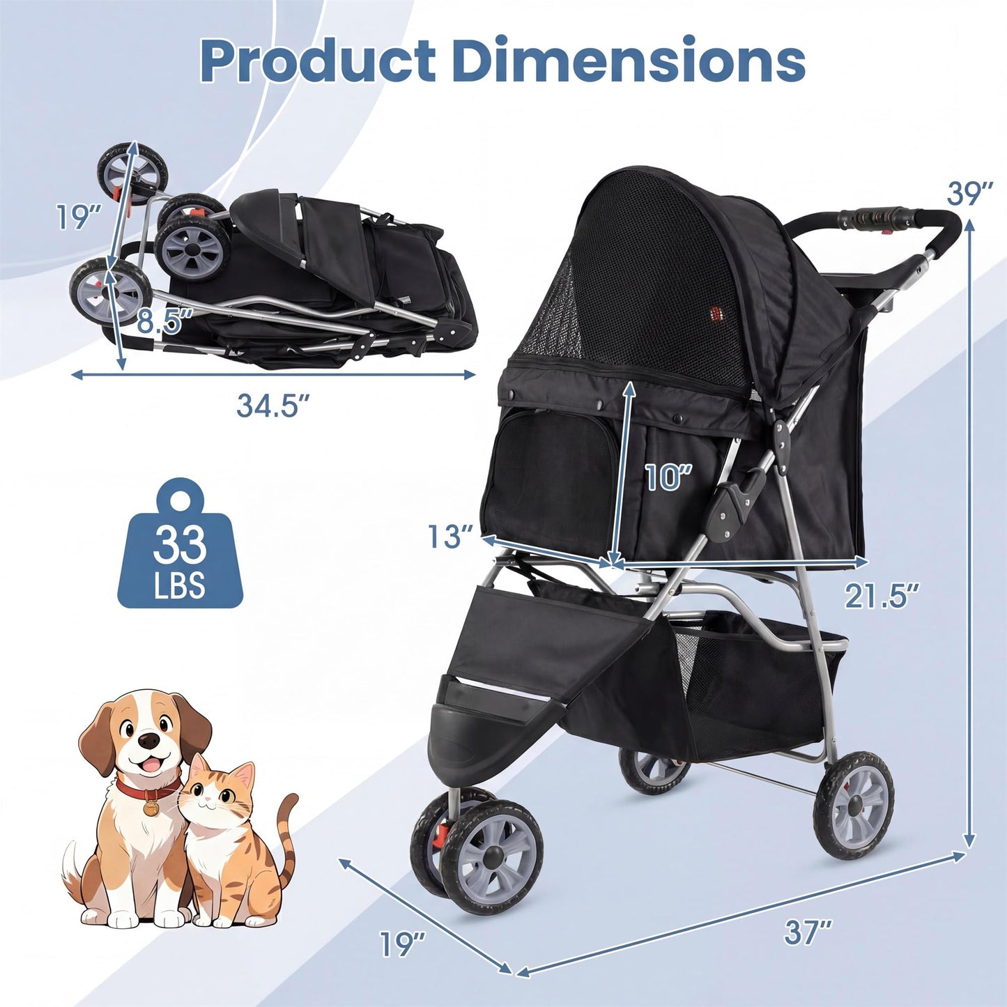 Giantex 3 Wheel Foldable Dog Stroller for Small Dogs Cats, Lightweight Pet Stroller with Lockable Wheels, One-Hand Quick Fold, Mesh Windows, Safety Leash & Storage Basket, Pet Travel Stroller (Black)