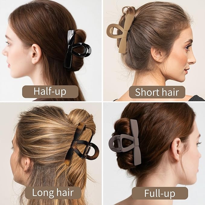 Fashion Bow Hair Claw Clips, 7 Pack 4.1 Inches Non-Slip Large Hair Clips for Women, Matte Tortoiseshell and Neutral Colors Hair Bows for Thick Thin Hair
