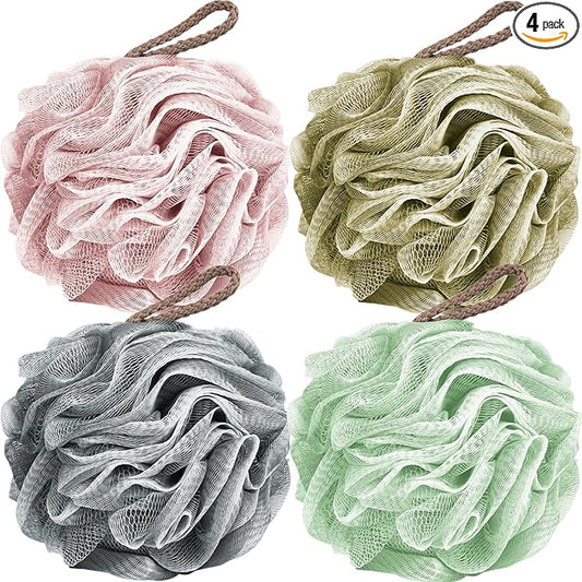 Fu Store Loofah Sponge Shower Loofahs 50g Bath Sponges Mesh Balls 4 Colors for Body Scrubber Exfoliator Wash Back Scrubbers Bathroom Men Women - 4 Pack Cleaning Bathing Accessories