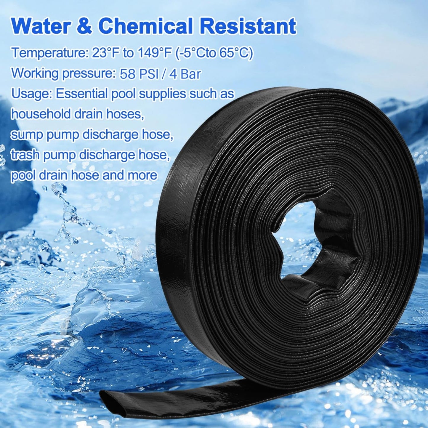 Gonioa Pool Backwash Hose 1 1/2 Inch Diameter x 100 Feet - Heavy-Duty PVC Pool Drain Hose, Reinforced Discharge Hose with Clamp for Swimming Pools, Black