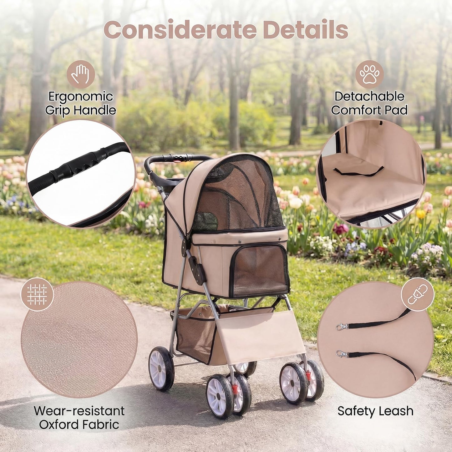 Giantex Foldable Pet Stroller for Small Dogs & Cats, Lightweight Dog Stroller with Lockable Wheels, One-Hand Quick Fold, Adjustable Canopy, Safety Leash & Storage Basket, Pet Travel Stroller, Beige