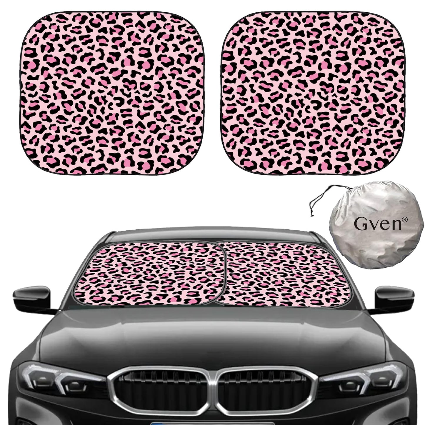 Gven Windshield Sun Shade 2pcs with Bonus Pink Car Sunshade for Front Window Shades 2025 Technology Reflect UV and Heat Sun Visor Automotive Accessories Interior Sun Protection (Pink Leopard, M)