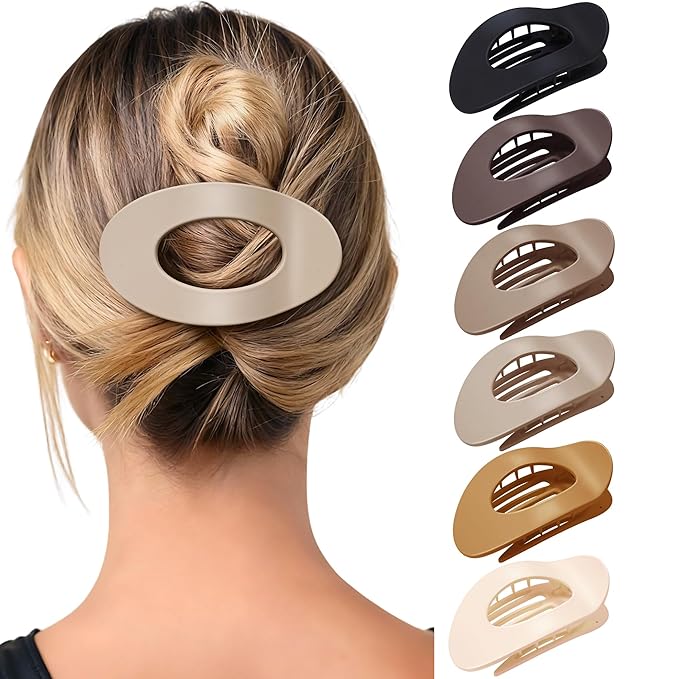 Mesovor 6 Pack Flat Hair Claw Clips, 4.33" Nonslip Large Round Lay Flat Hair Clips | Strong Hold French Flat Hairclips for Lying Down, Yoga, Driving (Neutral Matte)