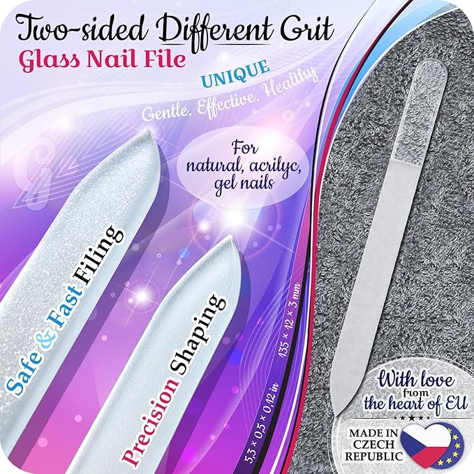 Genuine Czech Glass Nail File Set - Multi-Functional Shiner Buffer, Double Sided Different Grit Etched Surface, Manicure & Pedicure, Professional Nail Care Tool, EU Quality by GLADZY