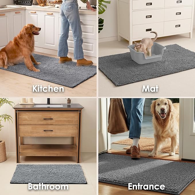 EHEYCIGA Super Absorbent Dog Door Mat for Muddy Paws 24x16 Inch Indoor, Front Doormat Outside Entrance, Quick Dry Chenille Washable Dog Crate Bed, Non-Slip Pet Rug Mud Mat Outdoor Entryway, Grey
