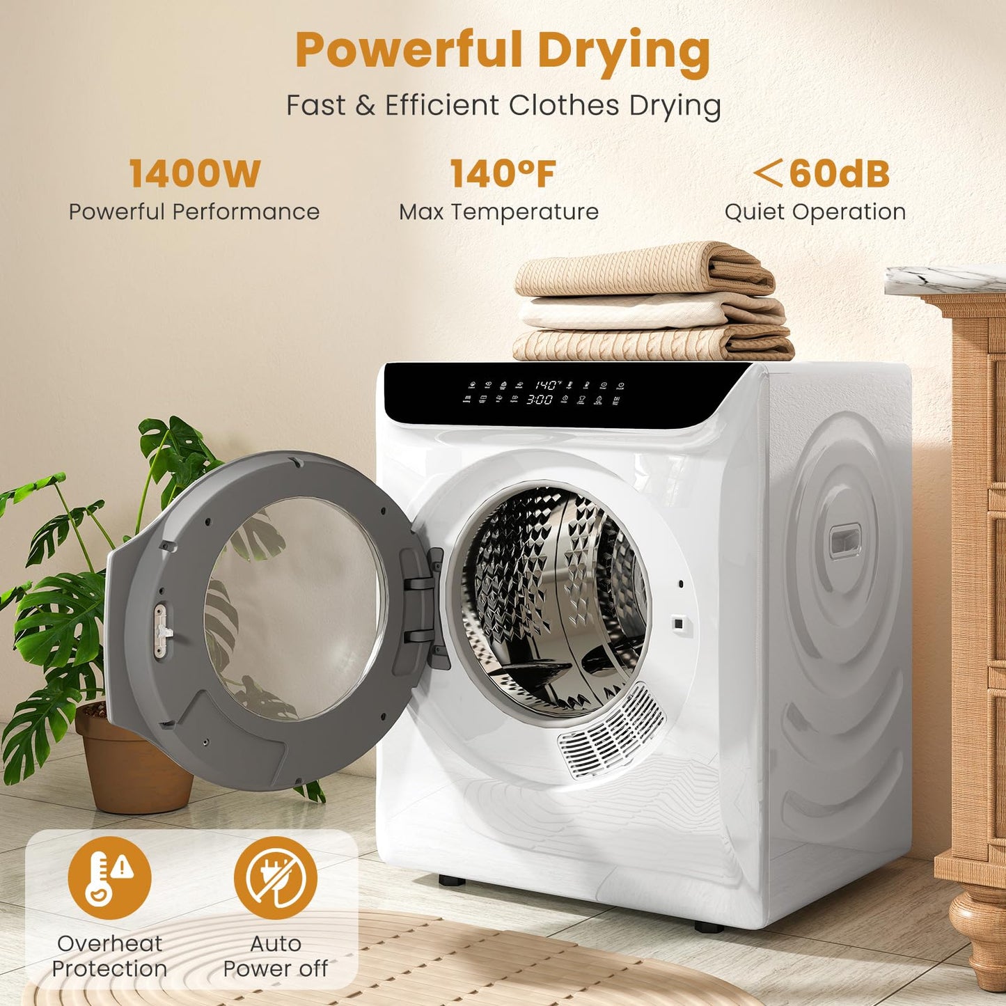 Auertech 2.8 CU. FT. Portable Dryers for Laundry, Compact Clothes Dryer with Stainless Steel Tub & Boot Dryer,1400W Dryer Machine, Electric Dryer with LED Control for Apartment, Dorm, RV, White