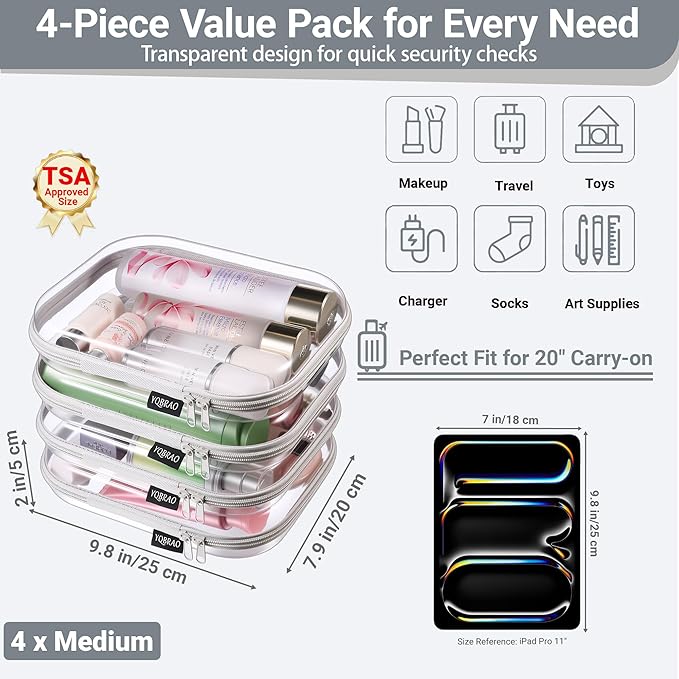 YQBRAO 4-Pack Clear Diaper Bag Organizer Pouches, 1.2mm Ultra-Thick PET Travel Pouches for Toiletries & Makeup, Rigid Self-Standing Bags with YKK Zippers, TSA Approved (Gray)