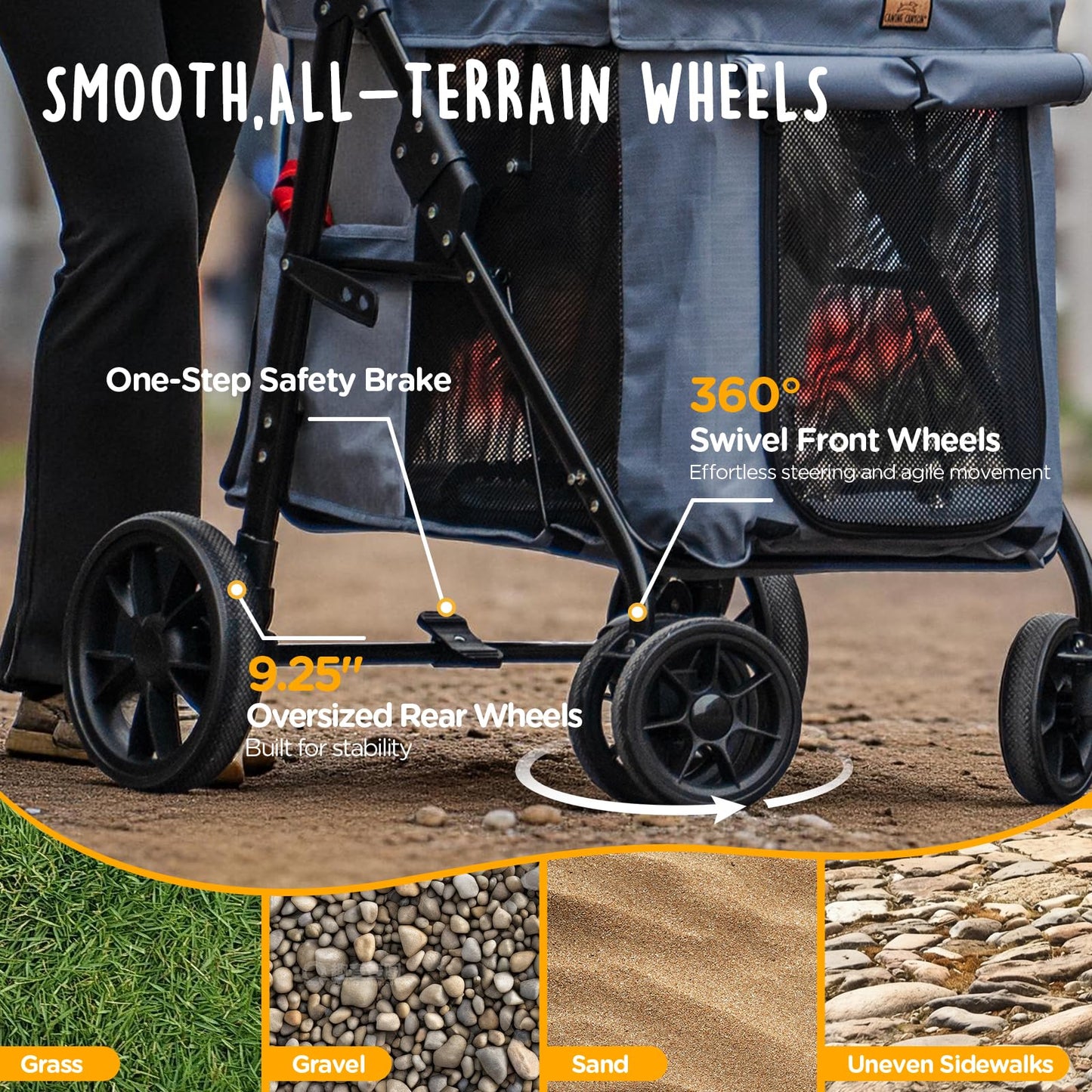 CANINE CANYON Scout Pet Stroller, Heavy Duty Dog Stroller for Large & Medium Dogs, Foldable Pet Stroller for 2 Dogs with All-Terrain Wheels, Storage Pocket & Cup Holder, 55 lbs Capacity, Grey