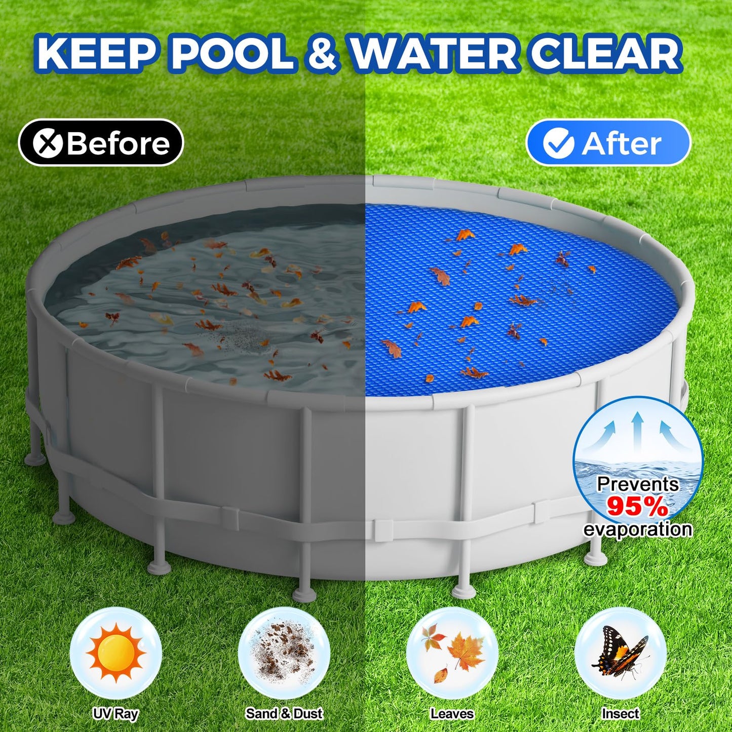 KETNET Solar Pool Cover 15 ft Round for 6-24ft Above Ground Inground Pools, Hot Tub Spa Thermal Heating Bubble Wrap Covers, 12 Mil Heavy-Duty Circle Blue Floating Blanket Mat for Swimming Pools