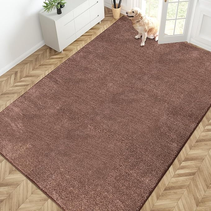 PURRUGS Easy Care Area Rug 6ft x 9ft, Non-Slip Washable Entryway Rug, Stain Resistant Accent Rug for Hallway, Living Room, Bedroom and Mudroom, Brown-Light Cream