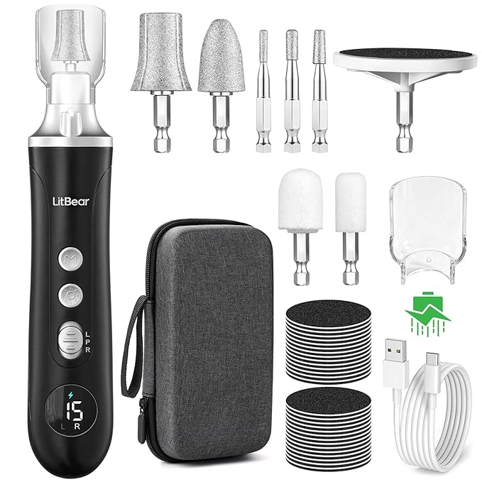 Litbear Electric Nail Drill File for Hand Feet Care, 15 Speed Professional Nail Grinder for Thick Toenails, Cordless Pedicure Manicure Set for Women Men Senior, Home Salon Use (Black)