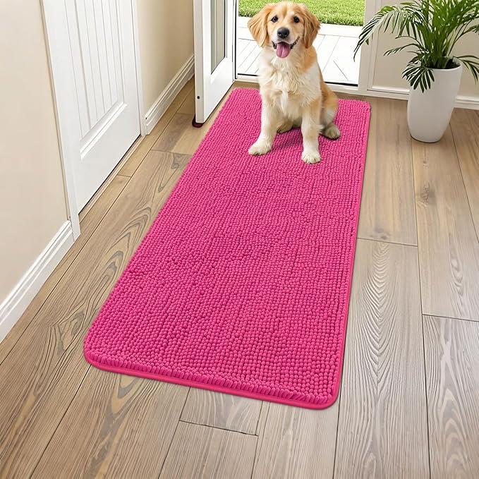 Smiry Dog Door Mat for Muddy Paws 47x24, Absorbs Moisture and Dirt Doormat, Non-Slip Washable Quick Dry Chenille Front Door Mat Indoor Entrance, Entryway Carpet for Inside Floor, Hot Pink