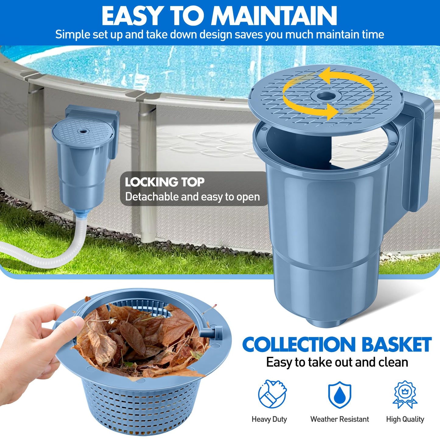 DeeprClean Through Wall Skimmer for Above Ground Pool, Heavy Duty Wall Mount Pool Skimmer Kit, Universally Fits All Standard Pool Wall Openings, In Wall Pool Surface Skimmer for Above ground Pool-Blue