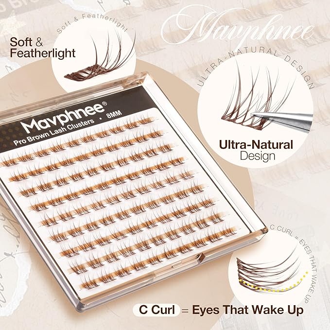 Mavphnee 8MM Brown Lash Clusters Clear Band Eyelashes Natural Looking Individual Lashes Extensions with CC-Curly for Soft Vibe Natural Enhancement